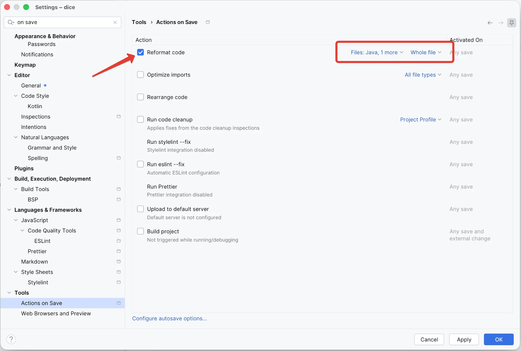 Actions on Save with Reformat code ticked for Java files and the whole file