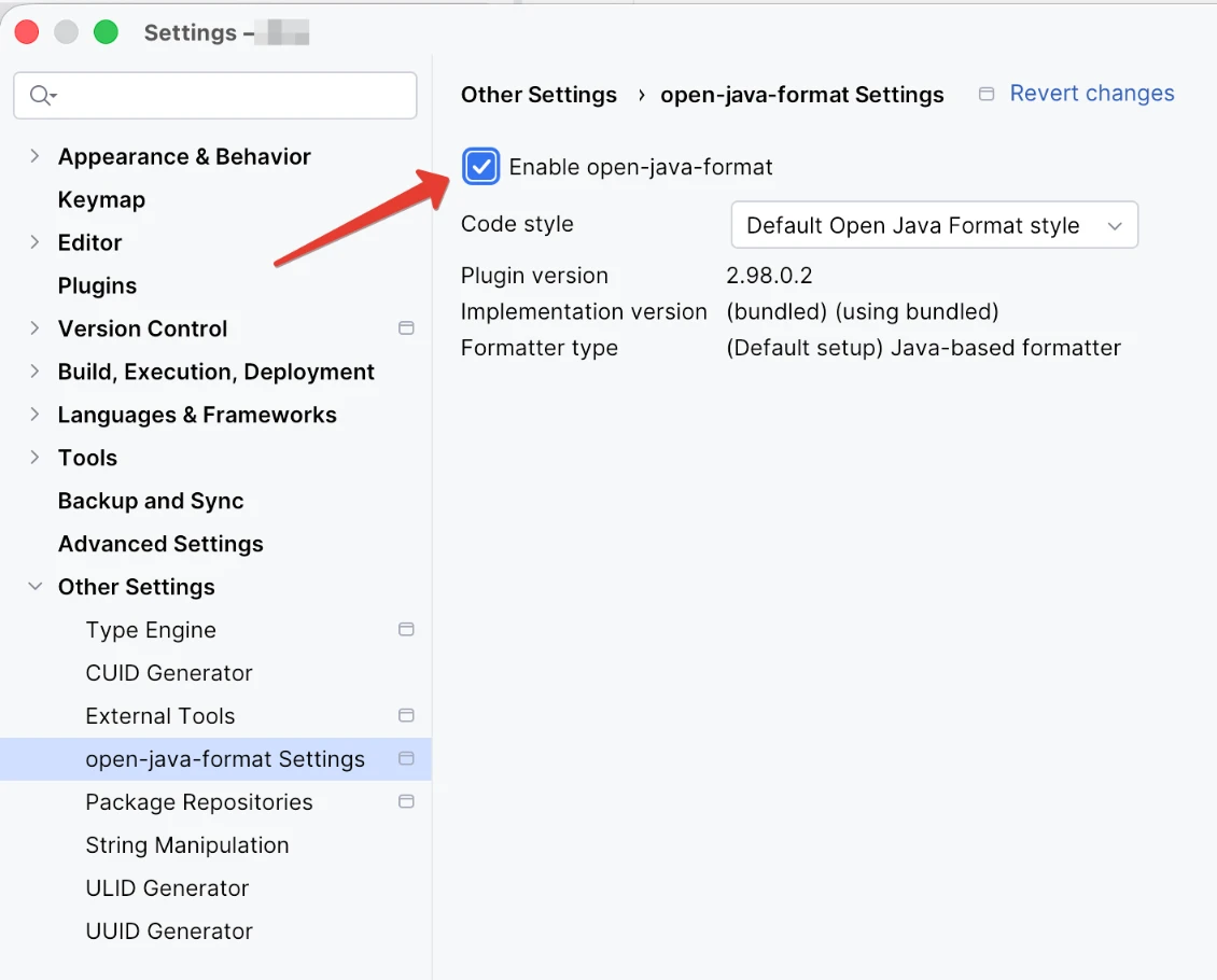 The open-java-format Settings page with Enable open-java-format ticked